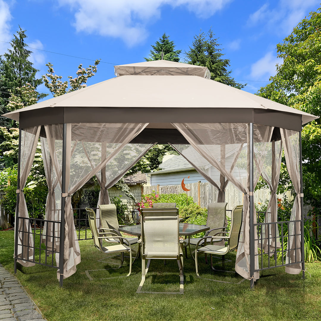 10x12 Patio Gazebo Canopy Shelter Double Top Netting Sidewalls Beige Image 1