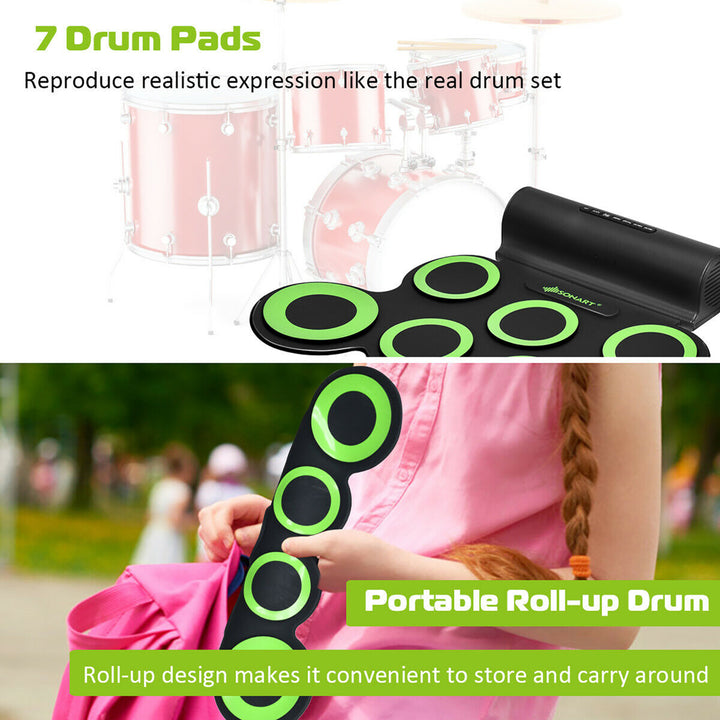 Electronic Roll Up Drum Set 7 Pads MIDI Drum Kit w/ 2 Speaker and Headphone Green Image 6