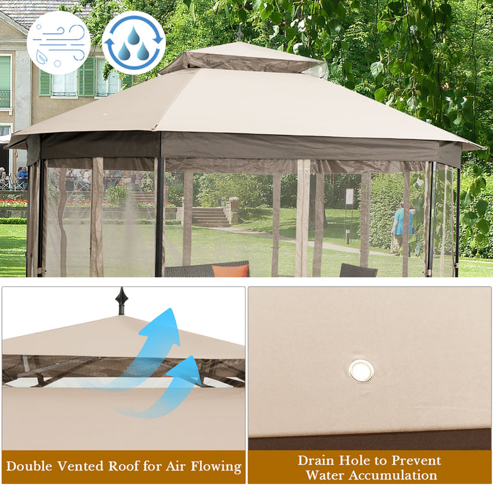 10x12 Patio Gazebo Canopy Shelter Double Top Netting Sidewalls Beige Image 6