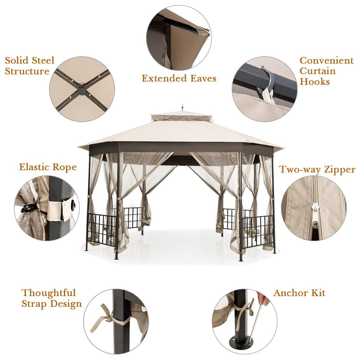 10x12 Patio Gazebo Canopy Shelter Double Top Netting Sidewalls Beige Image 7