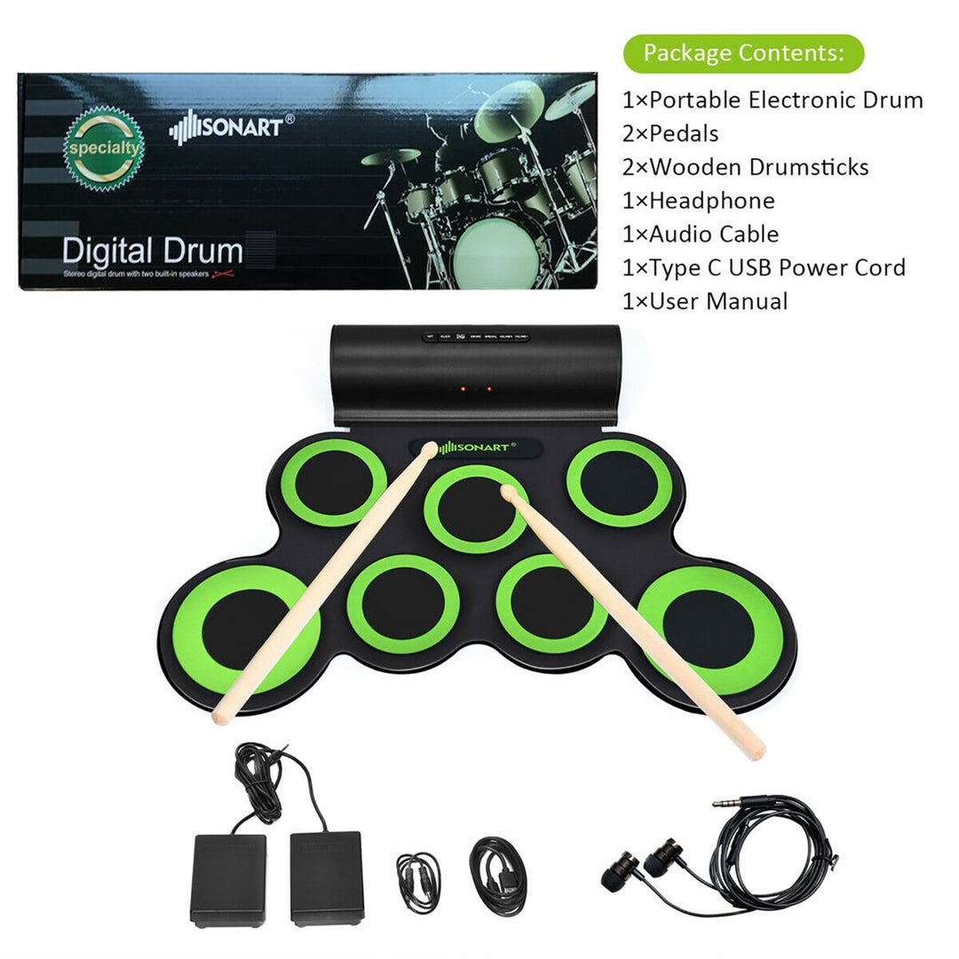 Electronic Roll Up Drum Set 7 Pads MIDI Drum Kit w/ 2 Speaker and Headphone Green Image 10