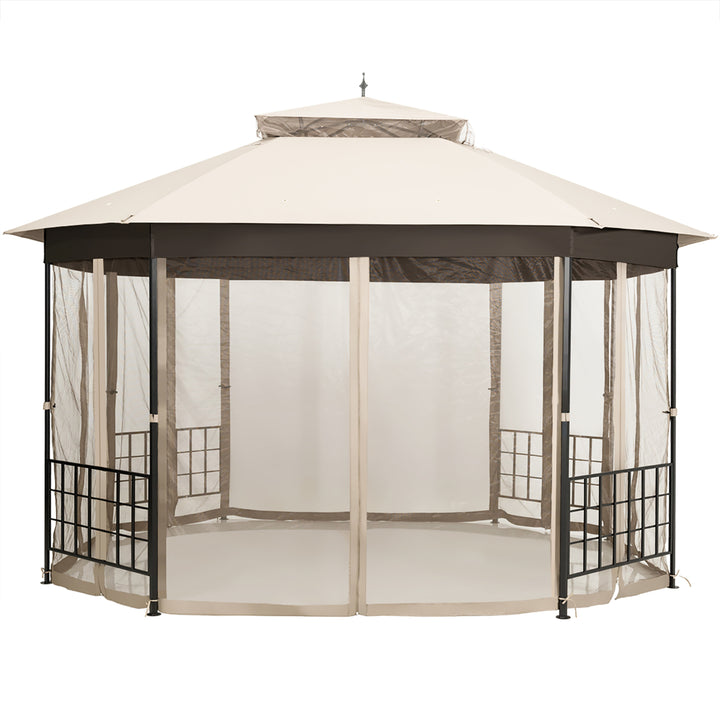 10x12 Patio Gazebo Canopy Shelter Double Top Netting Sidewalls Beige Image 8