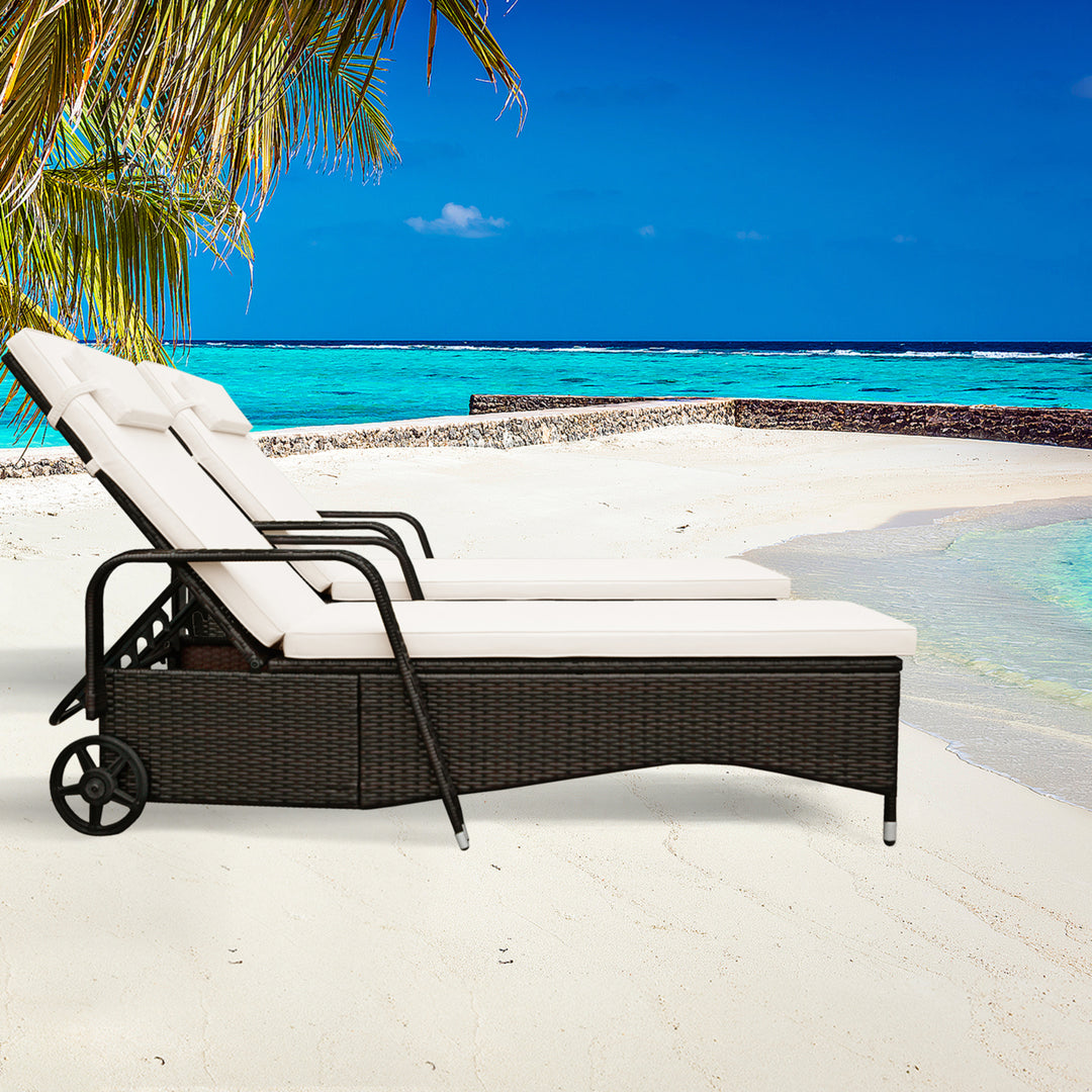 Gymax 2PCS Cushioned Outdoor Wicker Chaise Lounge Chair w/ Wheel Adjustable Backrest Image 3