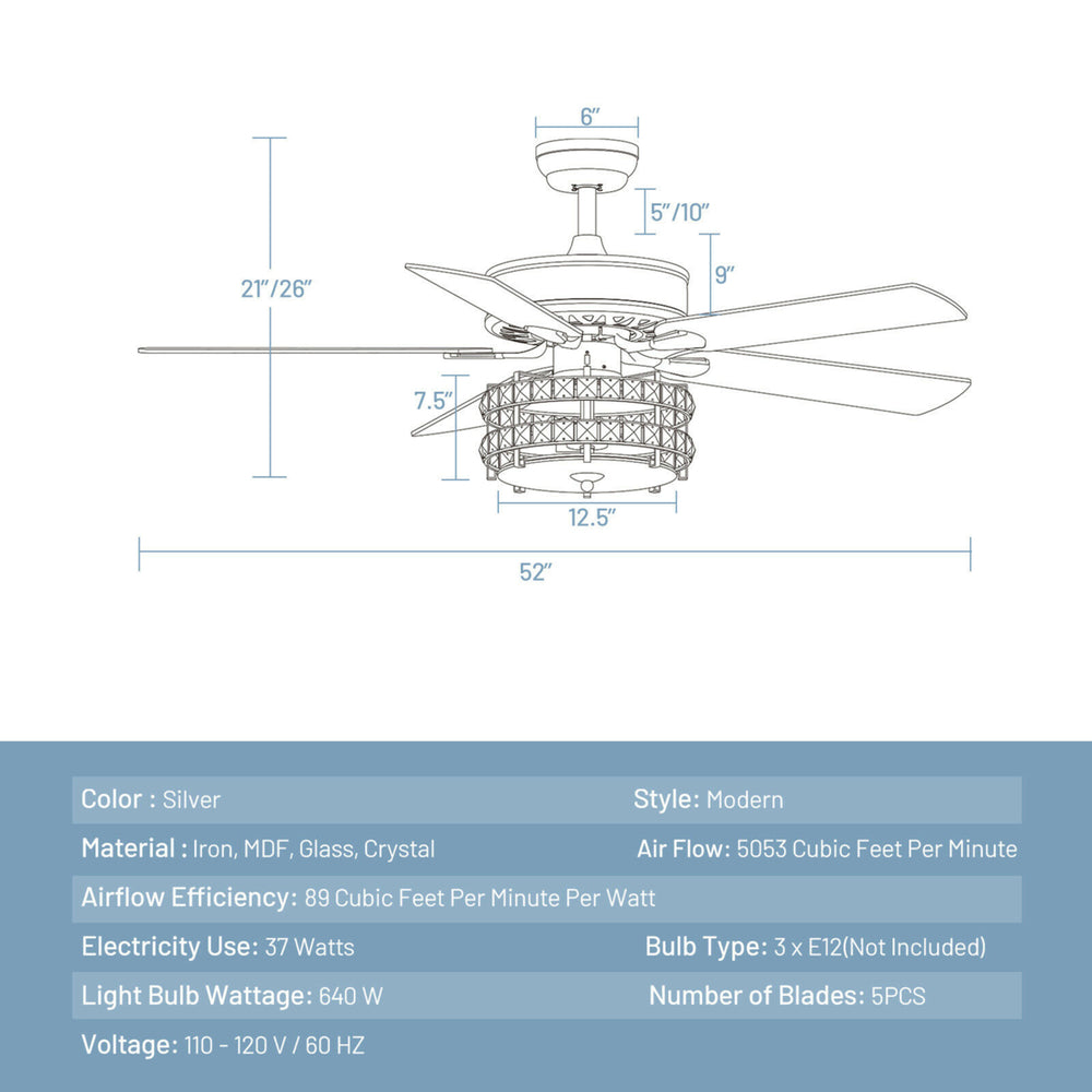 52 Classical Crystal Ceiling Fan Lamp w/ Reversible Blades Remote Control Home Image 2