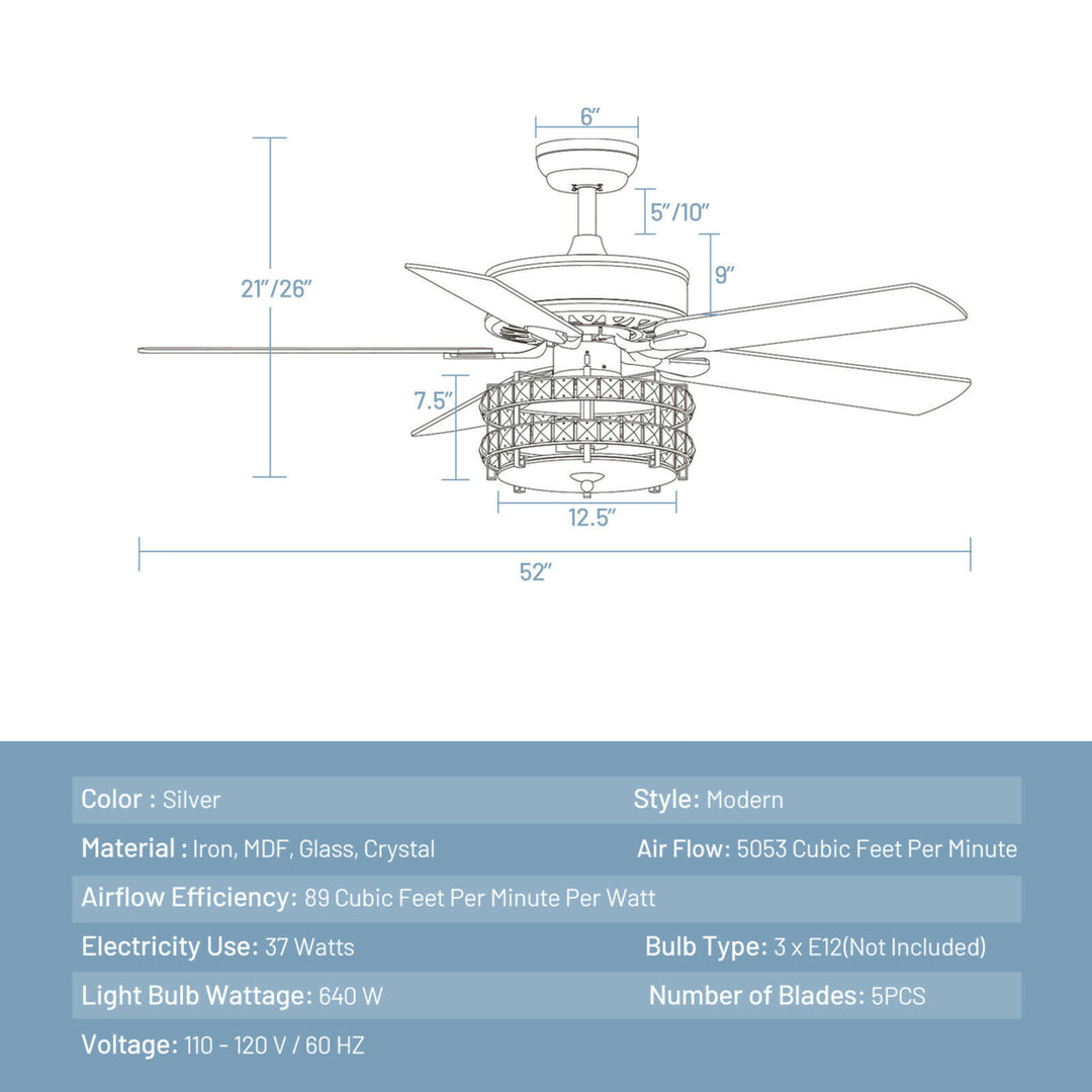 52 Classical Crystal Ceiling Fan Lamp w/ Reversible Blades Remote Control Home Image 2