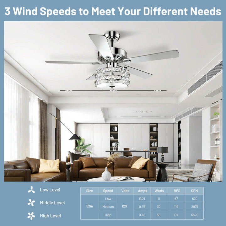 52 Classical Crystal Ceiling Fan Lamp w/ Reversible Blades Remote Control Home Image 7