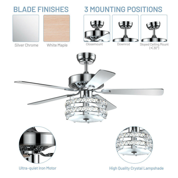 52 Classical Crystal Ceiling Fan Lamp w/ Reversible Blades Remote Control Home Image 10