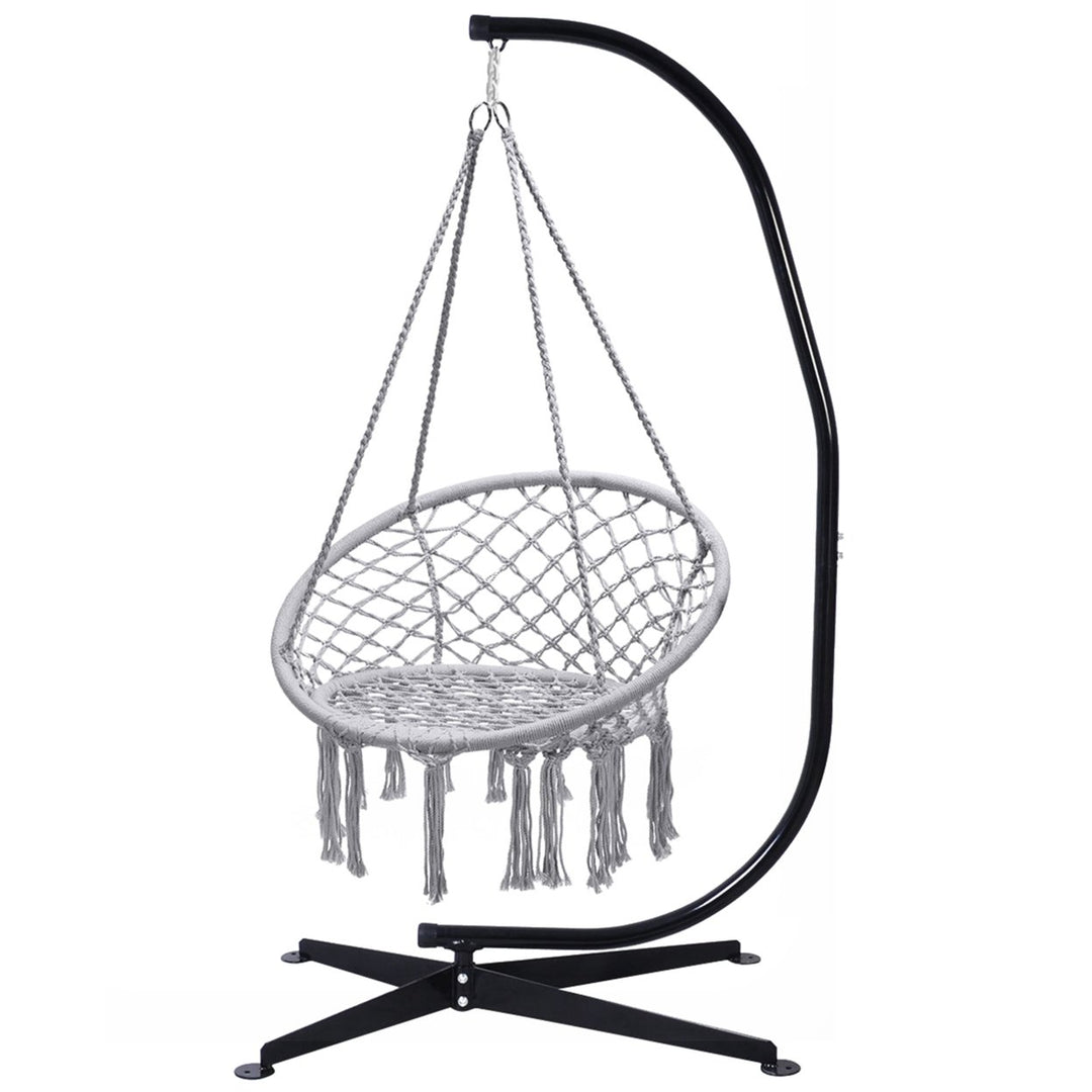 Hammock Chair Hanging Cotton Rope Macrame Swing Chair w/ Stand Gray Image 1