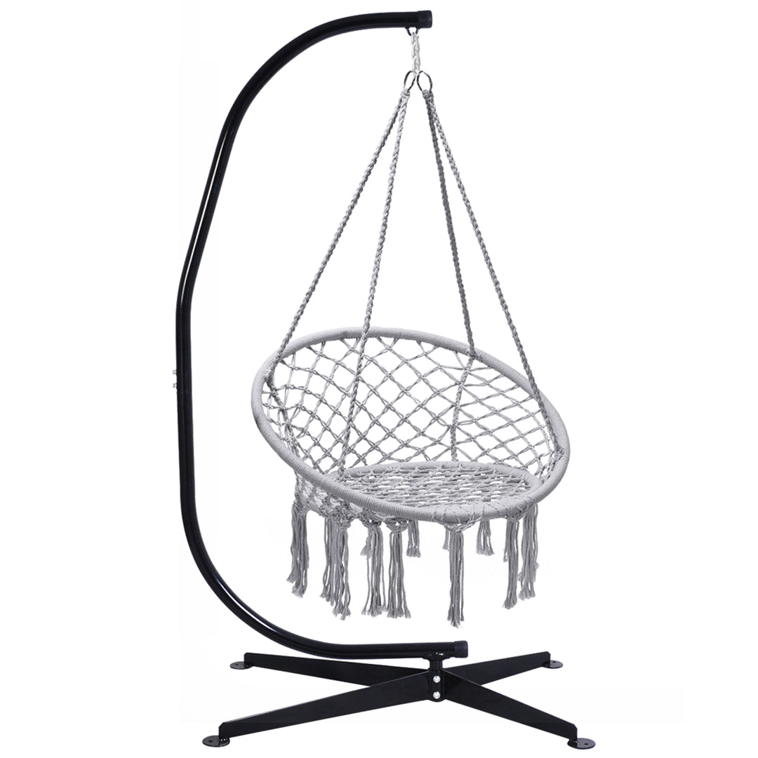 Hammock Chair Hanging Cotton Rope Macrame Swing Chair w/ Stand Gray Image 5