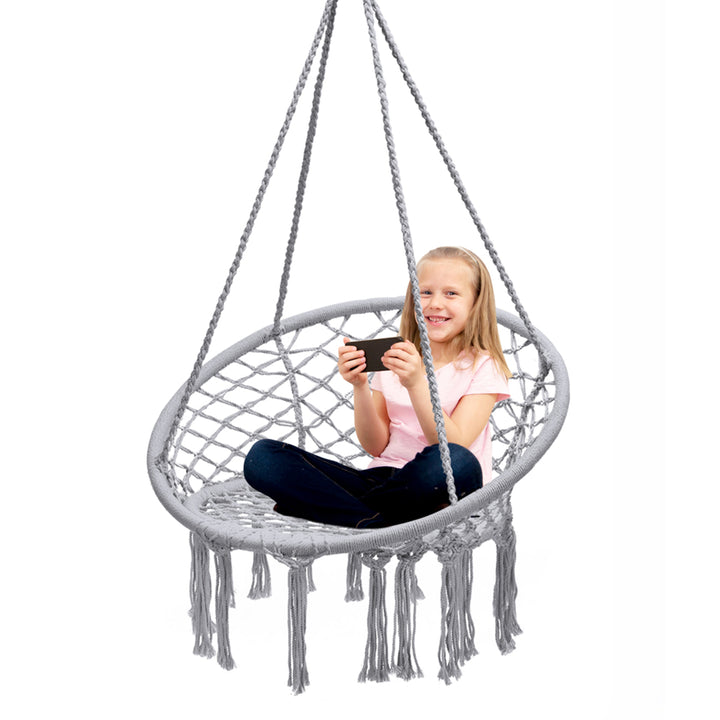 Hammock Chair Hanging Cotton Rope Macrame Swing Chair w/ Stand Gray Image 8