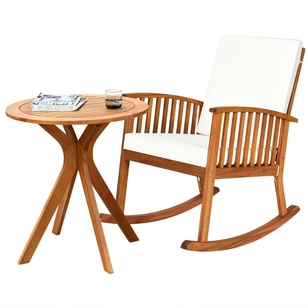 2PCS Patio Rocking Chair Set Round Table Solid Wood Cushioned Sofa Garden Deck Image 1