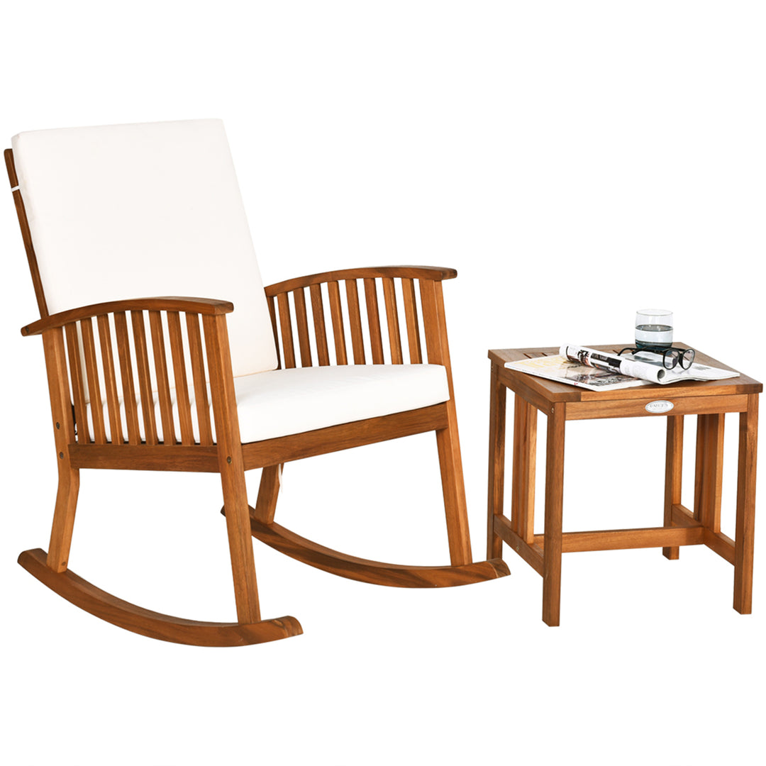 2PCS Patio Wooden Rocking Chair Set Garden Outdoor w/ Coffee Table Cushion Image 4