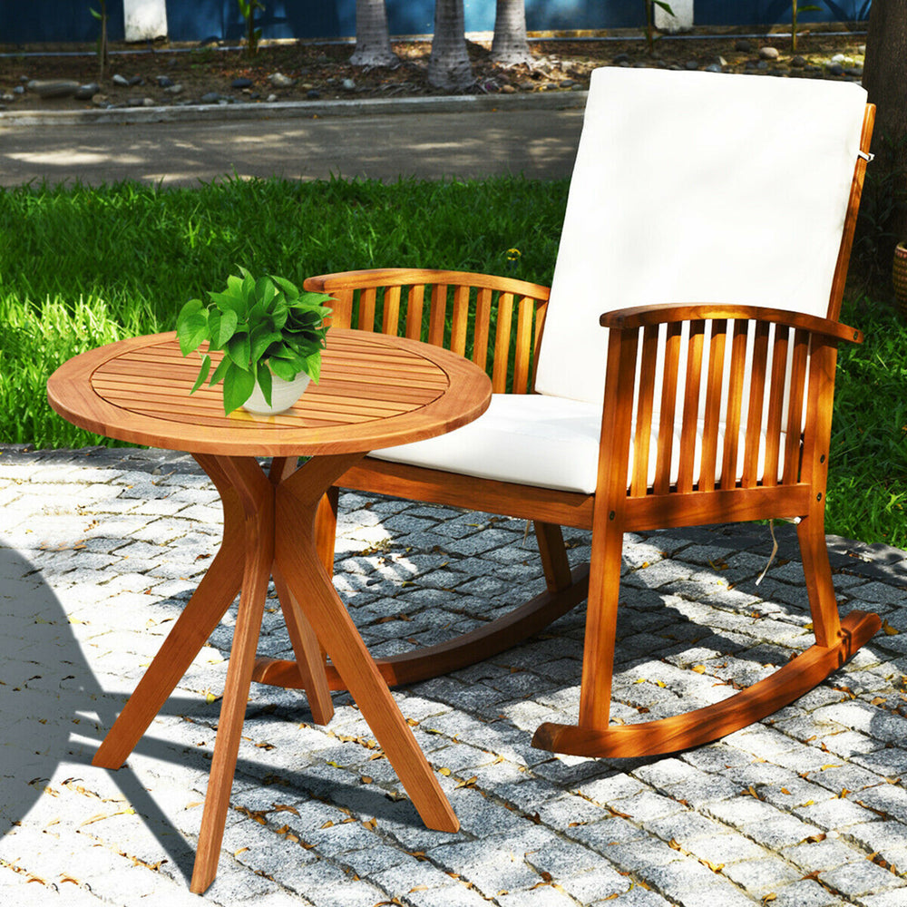 2PCS Patio Rocking Chair Set Round Table Solid Wood Cushioned Sofa Garden Deck Image 2