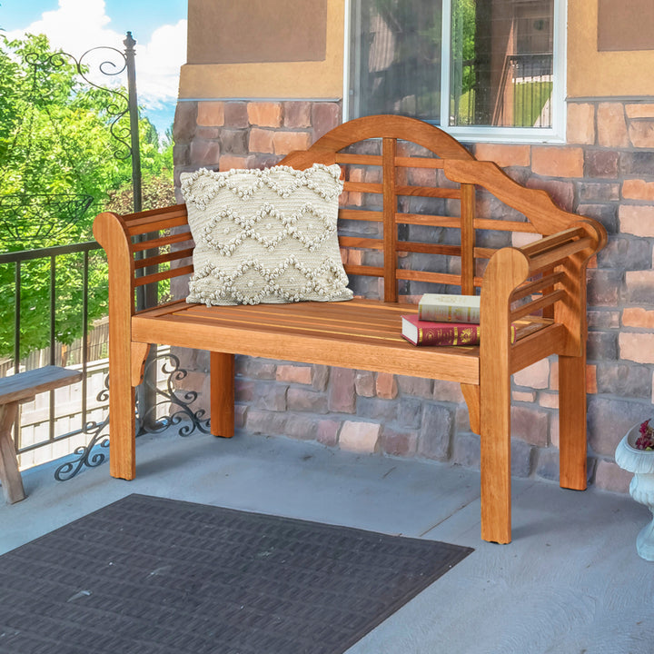 Foldable Patio Wooden Bench Garden Loveseat with Crown-Like Backrest Image 4