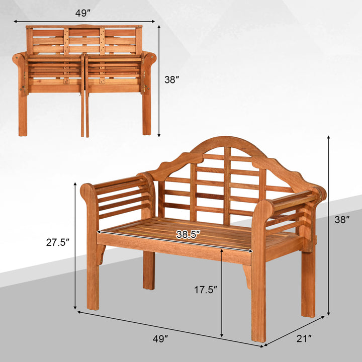 Foldable Patio Wooden Bench Garden Loveseat with Crown-Like Backrest Image 3