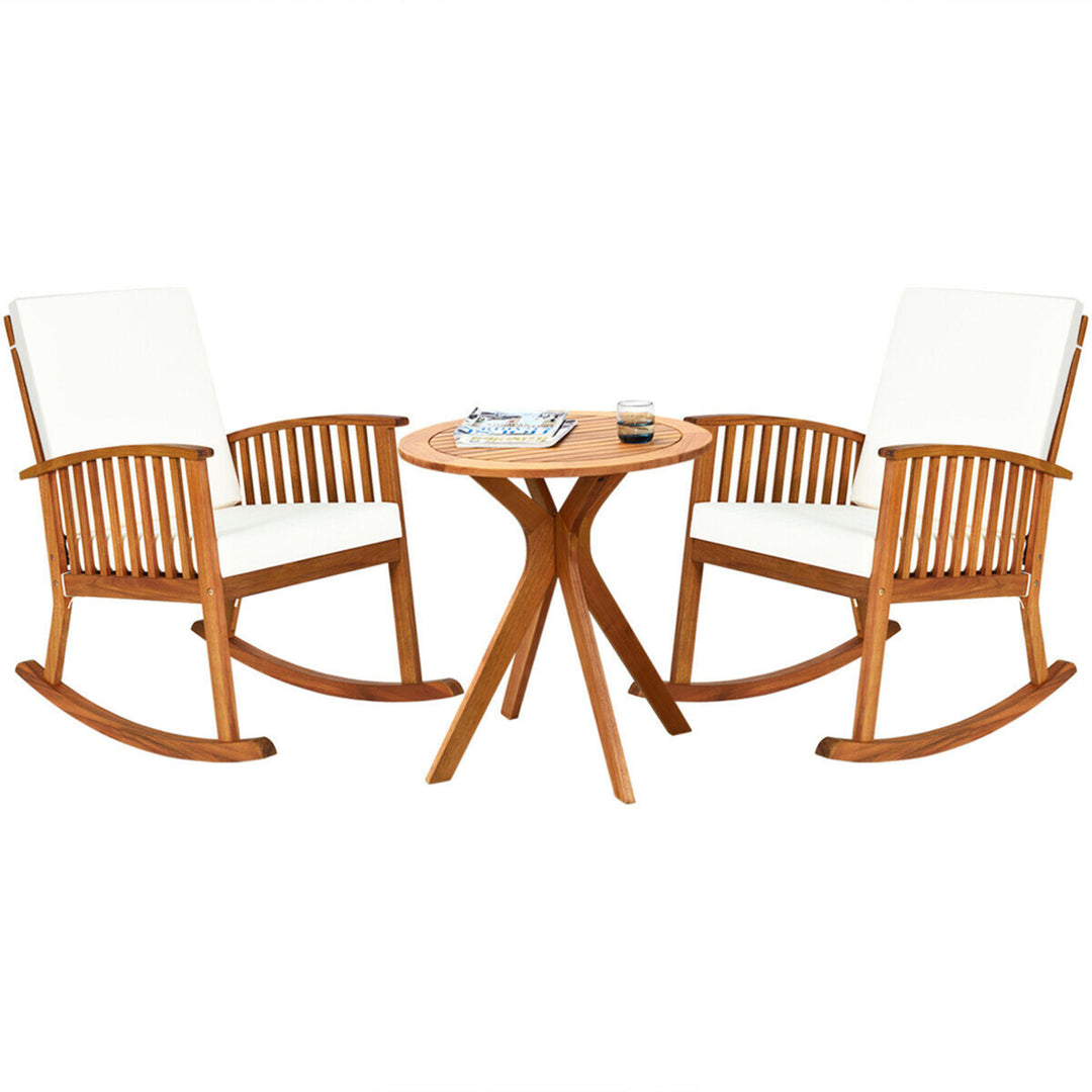 3PCS Patio Rocking Chair Set Round Table Solid Wood Cushioned Sofa Garden Deck Image 1