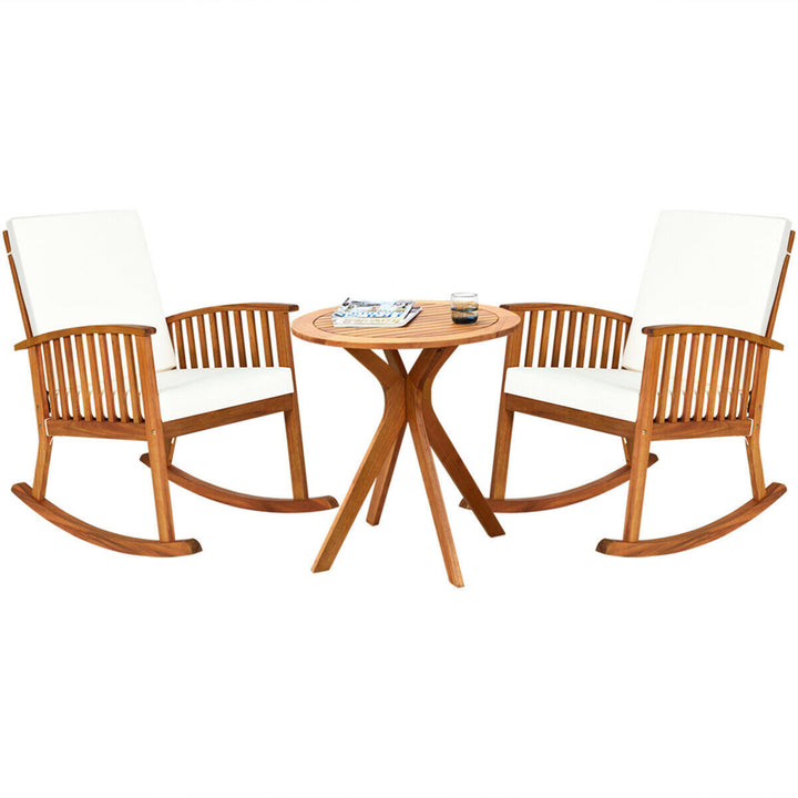 3PCS Patio Rocking Chair Set Round Table Solid Wood Cushioned Sofa Garden Deck Image 1