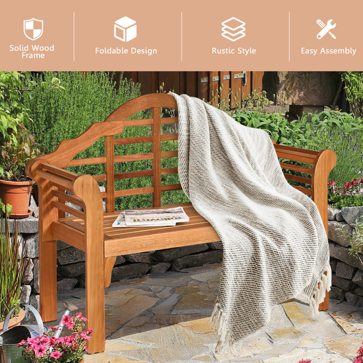 Foldable Patio Wooden Bench Garden Loveseat with Crown-Like Backrest Image 5