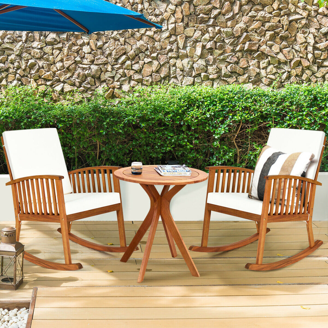 3PCS Patio Rocking Chair Set Round Table Solid Wood Cushioned Sofa Garden Deck Image 2