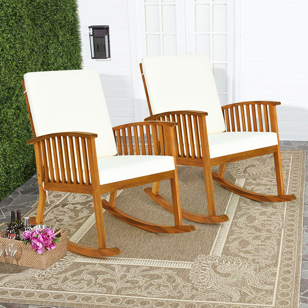 3PCS Patio Rocking Chair Set Round Table Solid Wood Cushioned Sofa Garden Deck Image 3