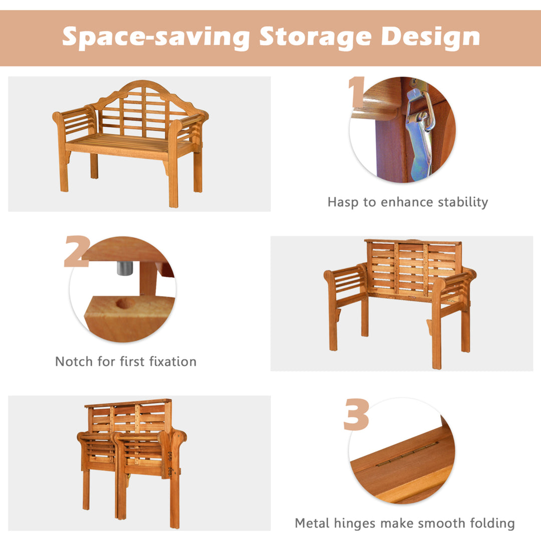 Foldable Patio Wooden Bench Garden Loveseat with Crown-Like Backrest Image 9