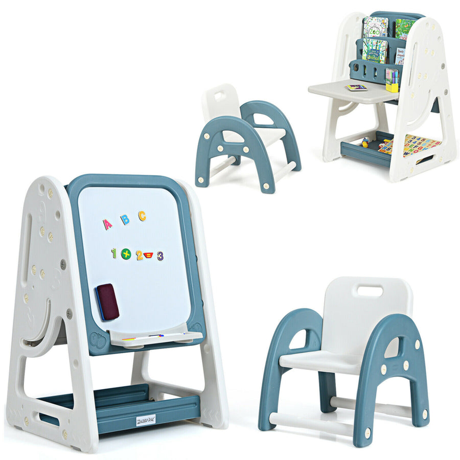 2 in 1 Kids Easel Desk Chair Set Book Rack Adjustable Art Painting Board Blue/Gray Image 1