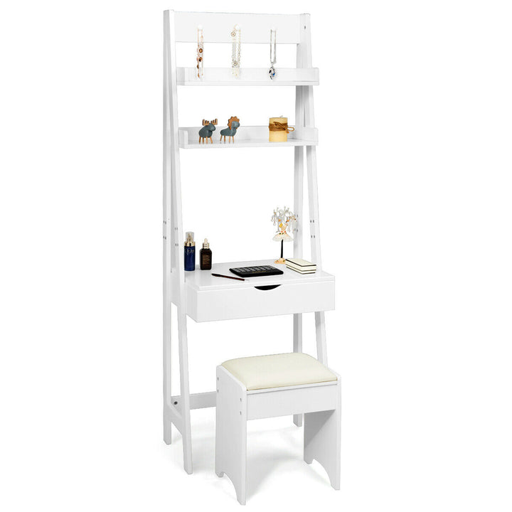 Vanity Set Makeup Dressing Table w/Flip Top Mirror Hooks Shelves Image 4