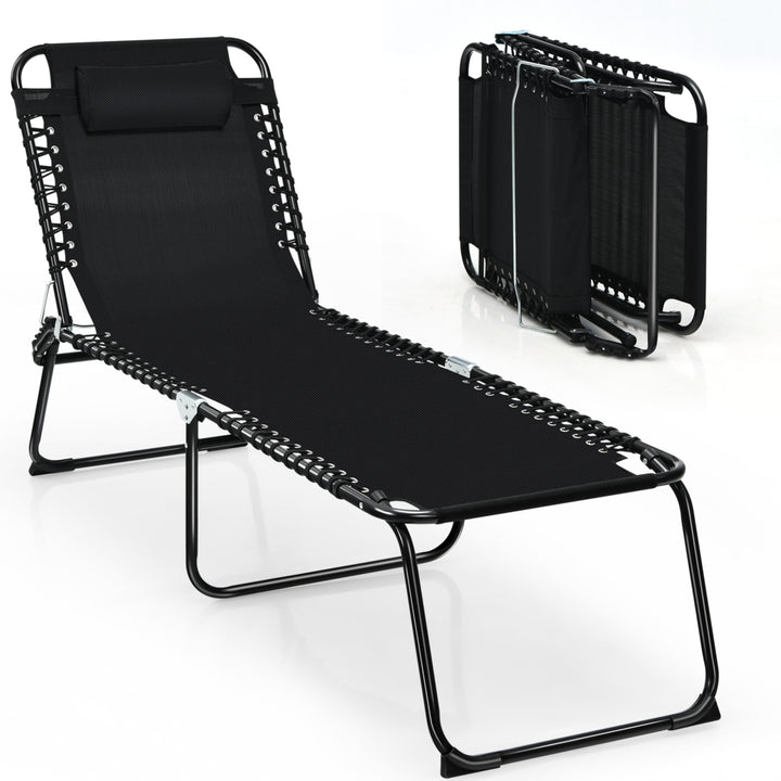 Folding Beach Lounger Chaise Lounge Chair w/ Pillow 4-Level Backrest Grey/Black Image 1