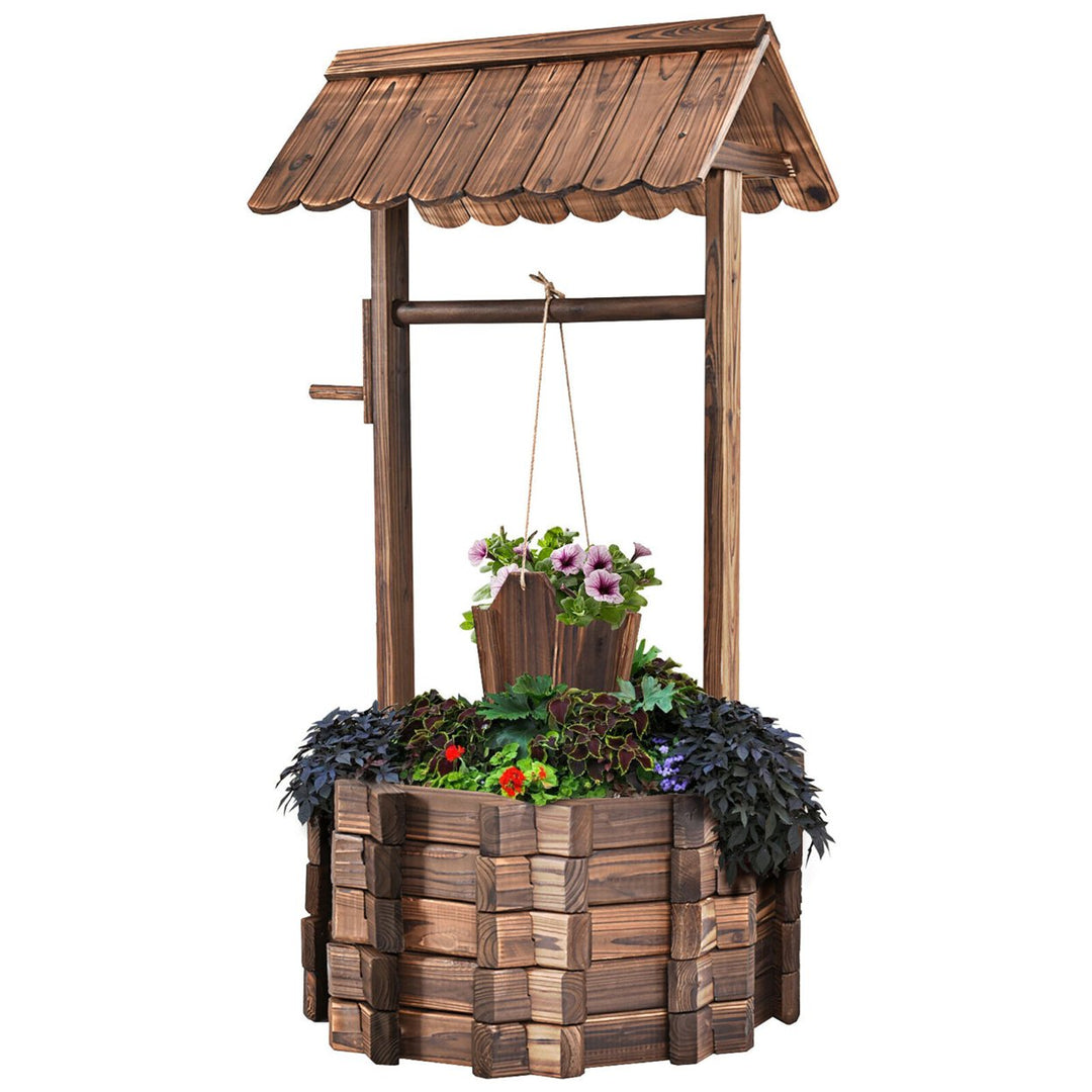 Outdoor Wooden Wishing Well Bucket Flower Plants Planter Patio Garden Image 1