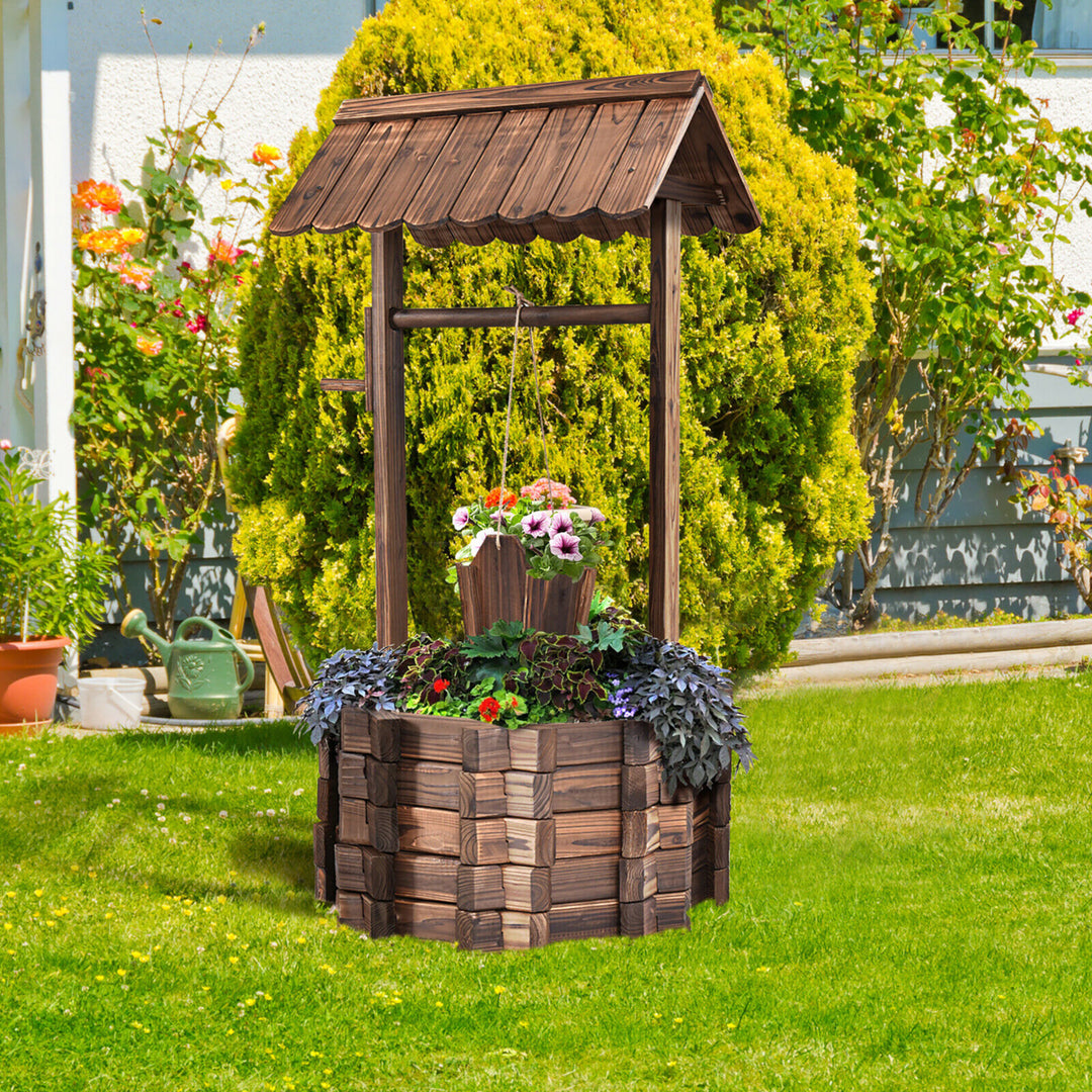 Outdoor Wooden Wishing Well Bucket Flower Plants Planter Patio Garden Image 9