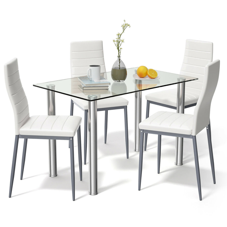 5 Piece Dining Set Table 29.6 and 4 Chairs Glass Metal Kitchen Breakfast Furniture White Image 1