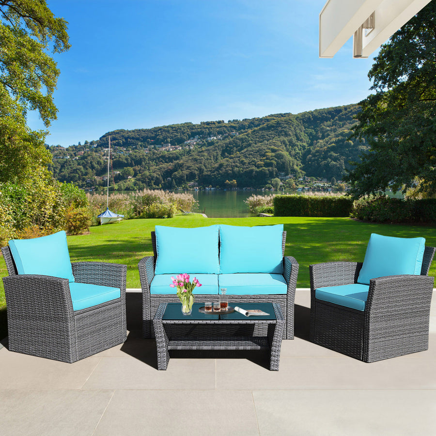 4PCS Patio Rattan Conversation Set Outdoor Furniture Set w/ Turquoise Cushions Image 1