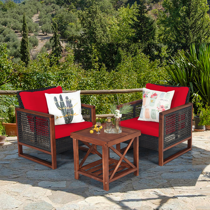 3PCS Rattan Wicker Patio Conversation Set Outdoor Furniture Set w/ Red Cushion Image 1