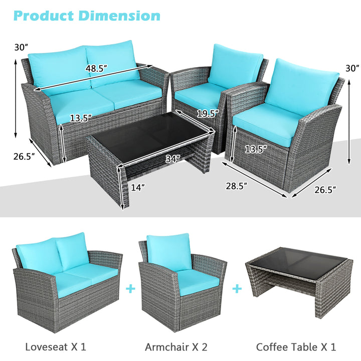 4PCS Patio Rattan Conversation Set Outdoor Furniture Set w/ Turquoise Cushions Image 5