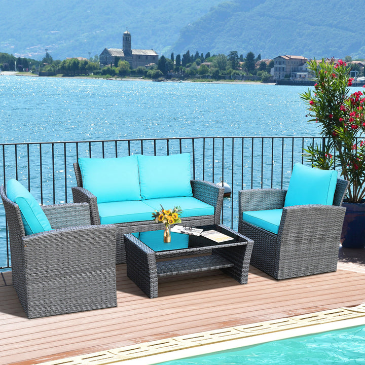 4PCS Patio Rattan Conversation Set Outdoor Furniture Set w/ Turquoise Cushions Image 3