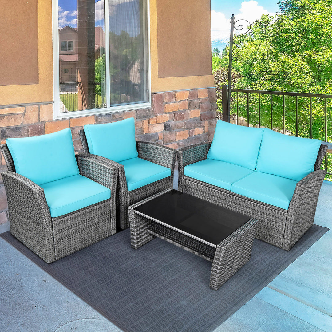 4PCS Patio Rattan Conversation Set Outdoor Furniture Set w/ Turquoise Cushions Image 4