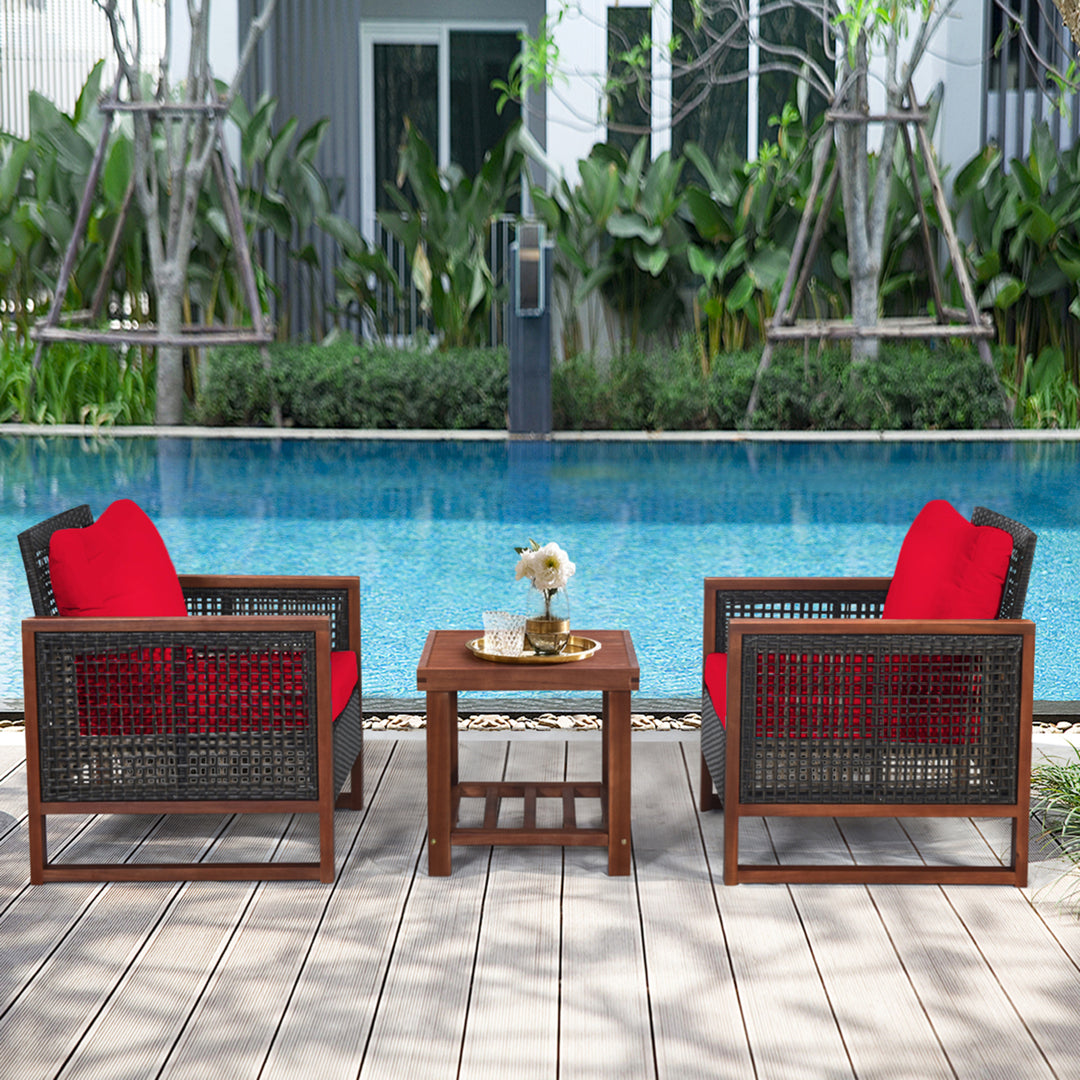 3PCS Rattan Wicker Patio Conversation Set Outdoor Furniture Set w/ Red Cushion Image 5