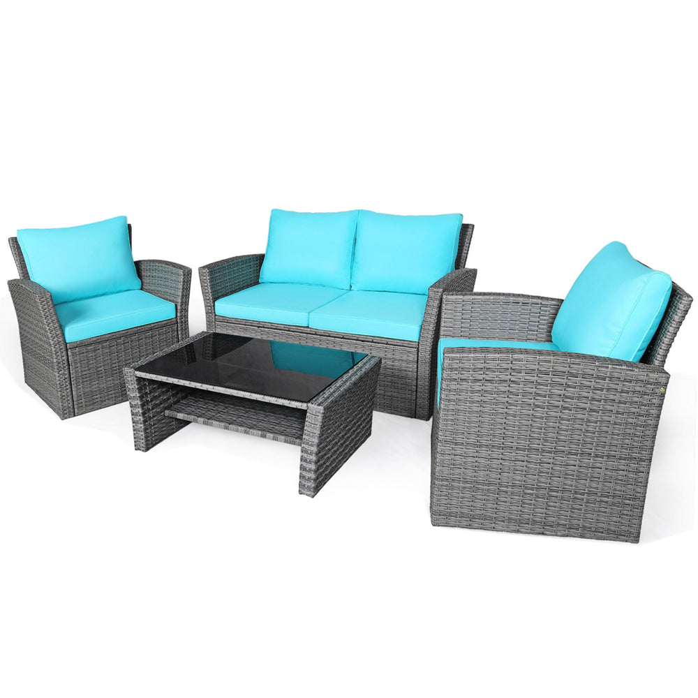 4PCS Patio Rattan Conversation Set Outdoor Furniture Set w/ Turquoise Cushions Image 2