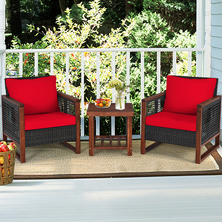 3PCS Rattan Wicker Patio Conversation Set Outdoor Furniture Set w/ Red Cushion Image 4