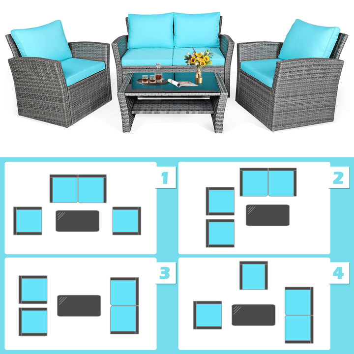 4PCS Patio Rattan Conversation Set Outdoor Furniture Set w/ Turquoise Cushions Image 7