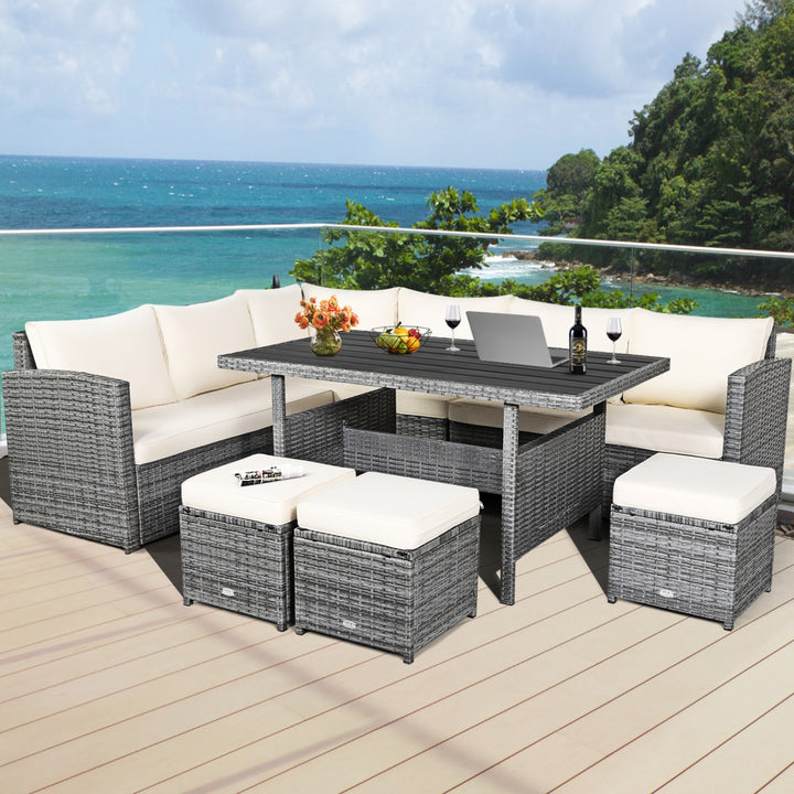 7PCS Rattan Patio Sectional Sofa Set Conversation Set w/ White Cushions Image 1