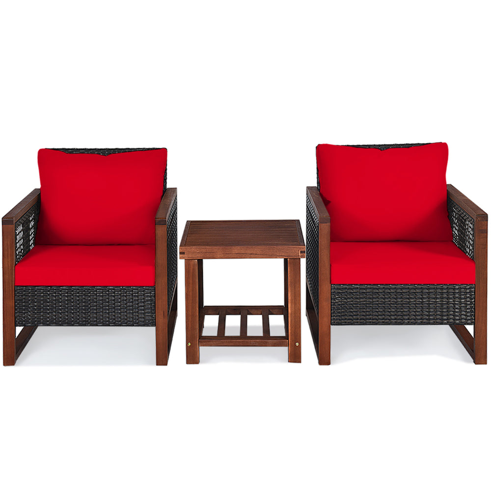 3PCS Rattan Wicker Patio Conversation Set Outdoor Furniture Set w/ Red Cushion Image 2