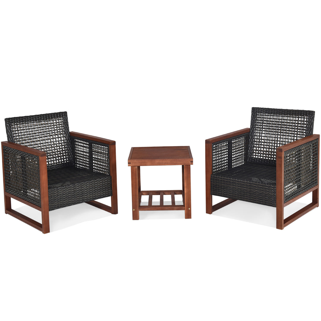 3PCS Rattan Wicker Patio Conversation Set Outdoor Furniture Set w/ Red Cushion Image 6