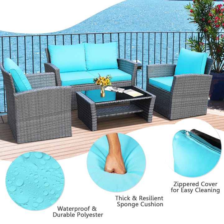 4PCS Patio Rattan Conversation Set Outdoor Furniture Set w/ Turquoise Cushions Image 8