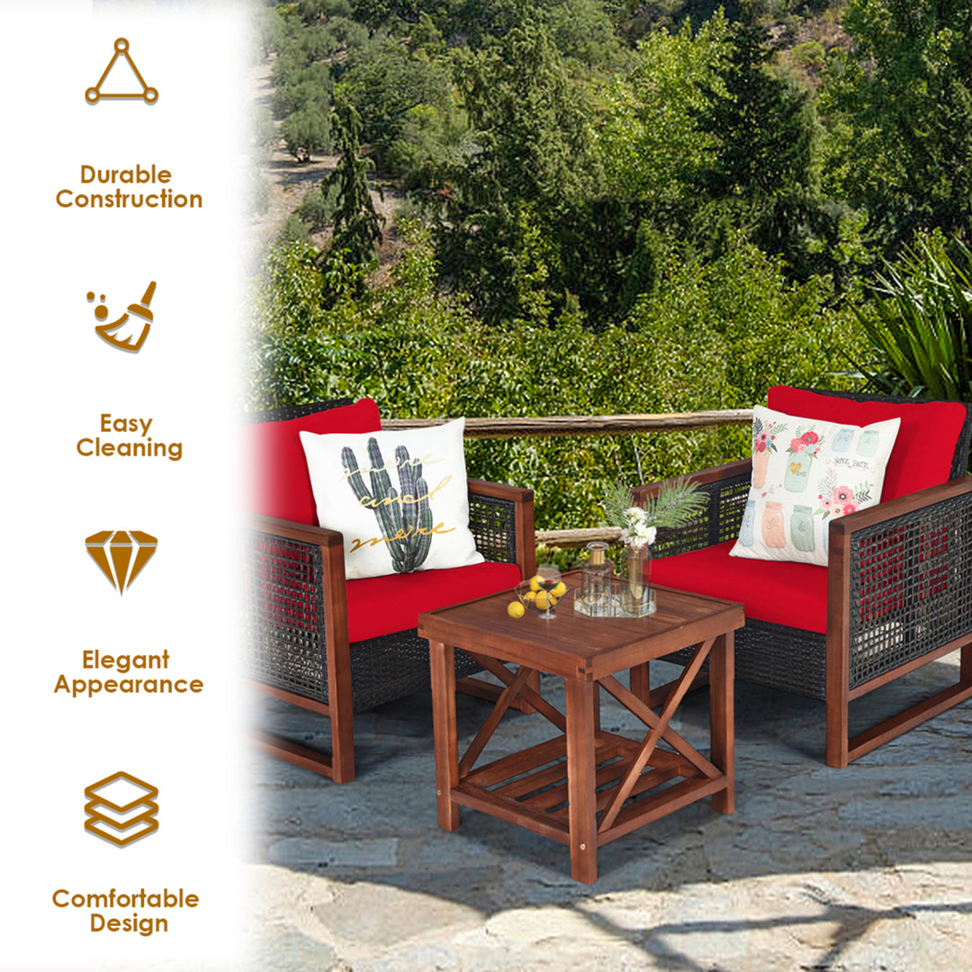 3PCS Rattan Wicker Patio Conversation Set Outdoor Furniture Set w/ Red Cushion Image 7