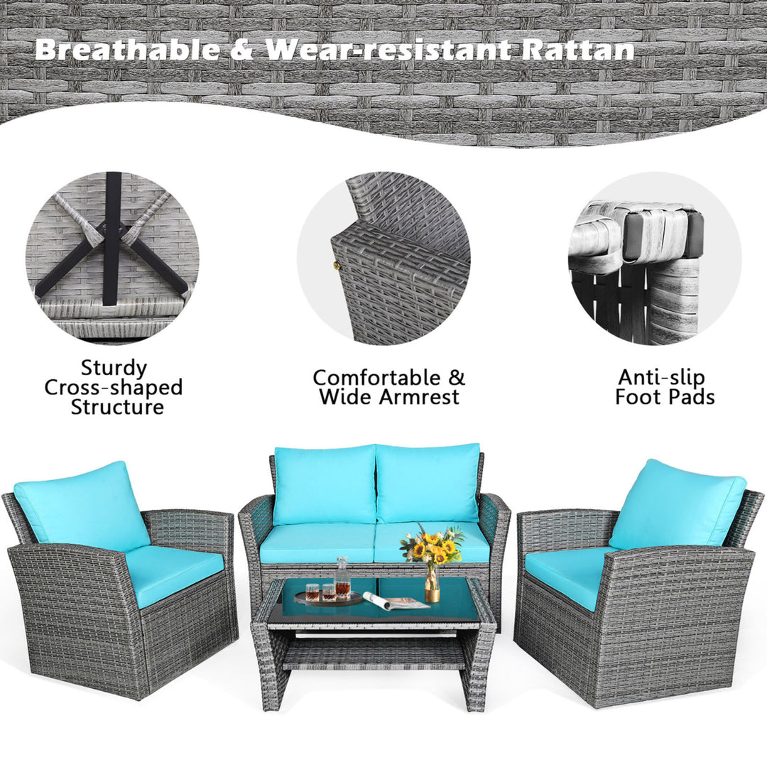 4PCS Patio Rattan Conversation Set Outdoor Furniture Set w/ Turquoise Cushions Image 9