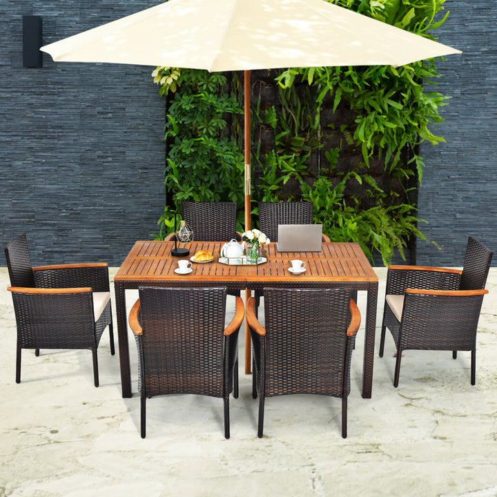 7PCS Rattan Outdoor Dining Set Patio Furniture Set w/ Cushions Umbrella Hole Image 3