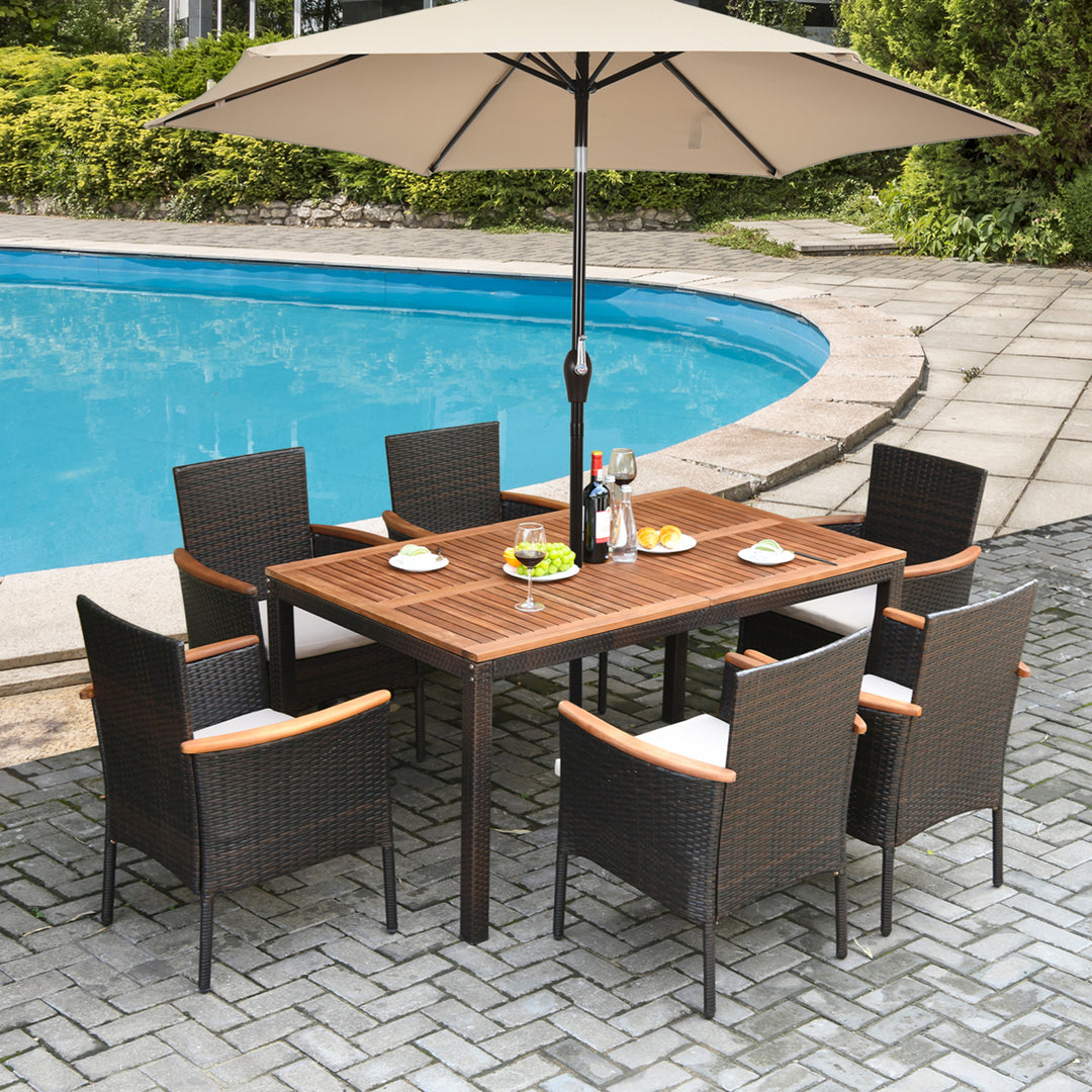 7PCS Rattan Outdoor Dining Set Patio Furniture Set w/ Cushions Umbrella Hole Image 4