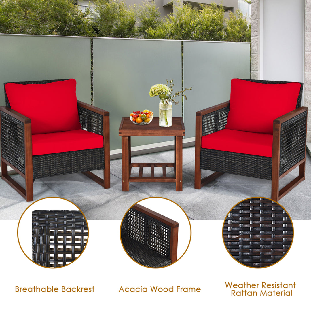 3PCS Rattan Wicker Patio Conversation Set Outdoor Furniture Set w/ Red Cushion Image 10