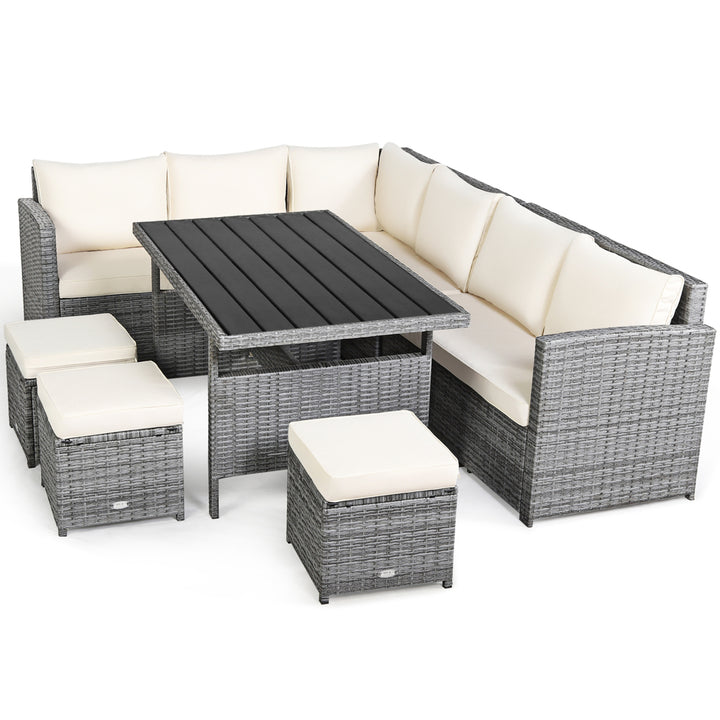 7PCS Rattan Patio Sectional Sofa Set Conversation Set w/ White Cushions Image 2